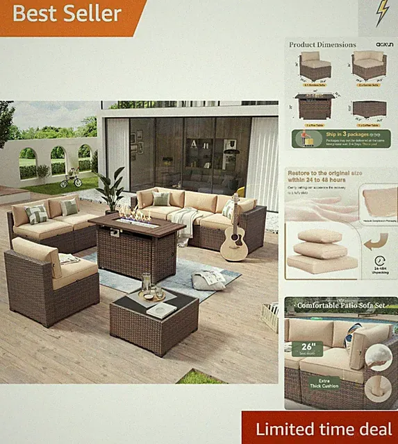 L-Shape 8-Piece Patio Set with 44” Propane Fire Pit & Durable Waterproof Cover