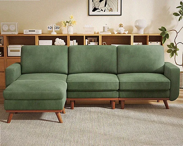 L-Shape 97" Green Corduroy Sofa with Movable Ottoman for Stylish Living Room
