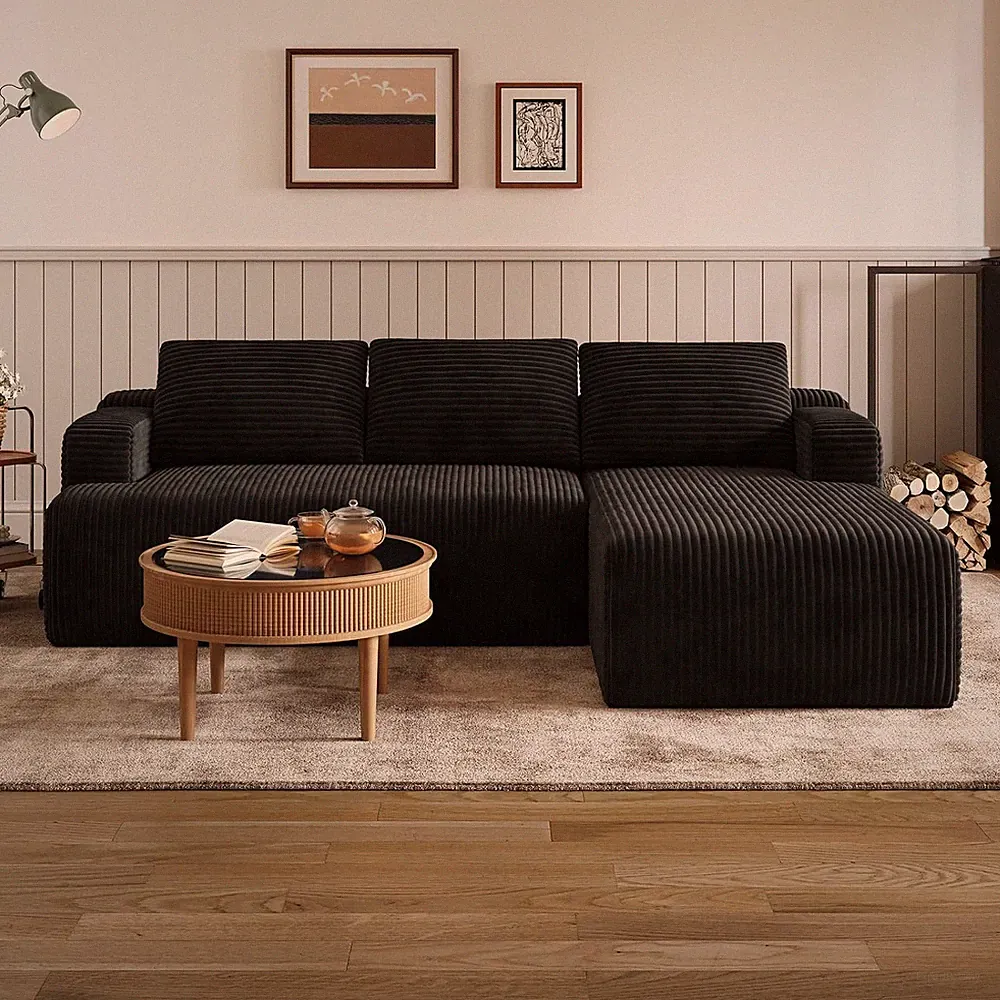 L-Shape Black Sectional Sofa with Smart Coil Support, No Assembly Needed