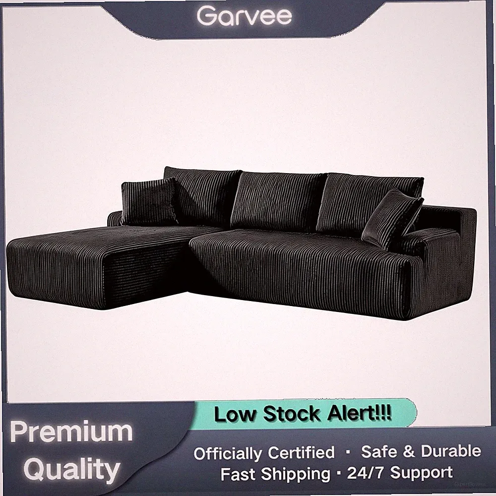 L-Shape Boneless Sectional, 3-Seat Corduroy Cloud Couch, Black Left Facing Chais