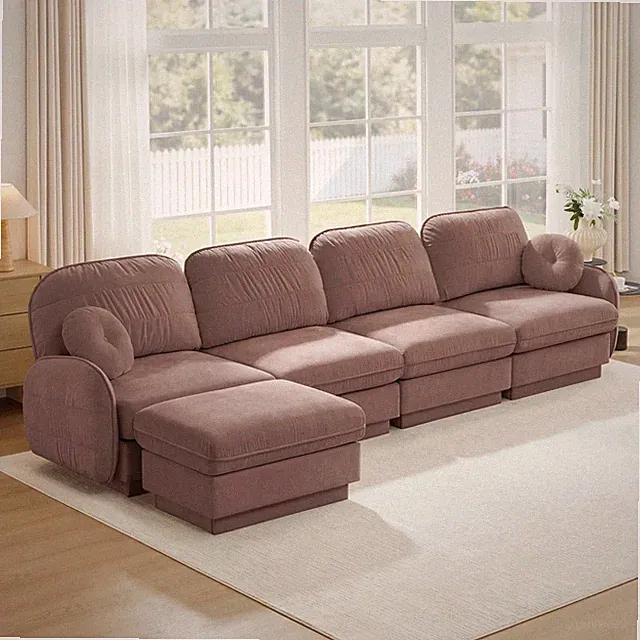 L-Shape Chenille Sectional Sofa with Ottoman in Dusty Rose, Movable Cloud Couch