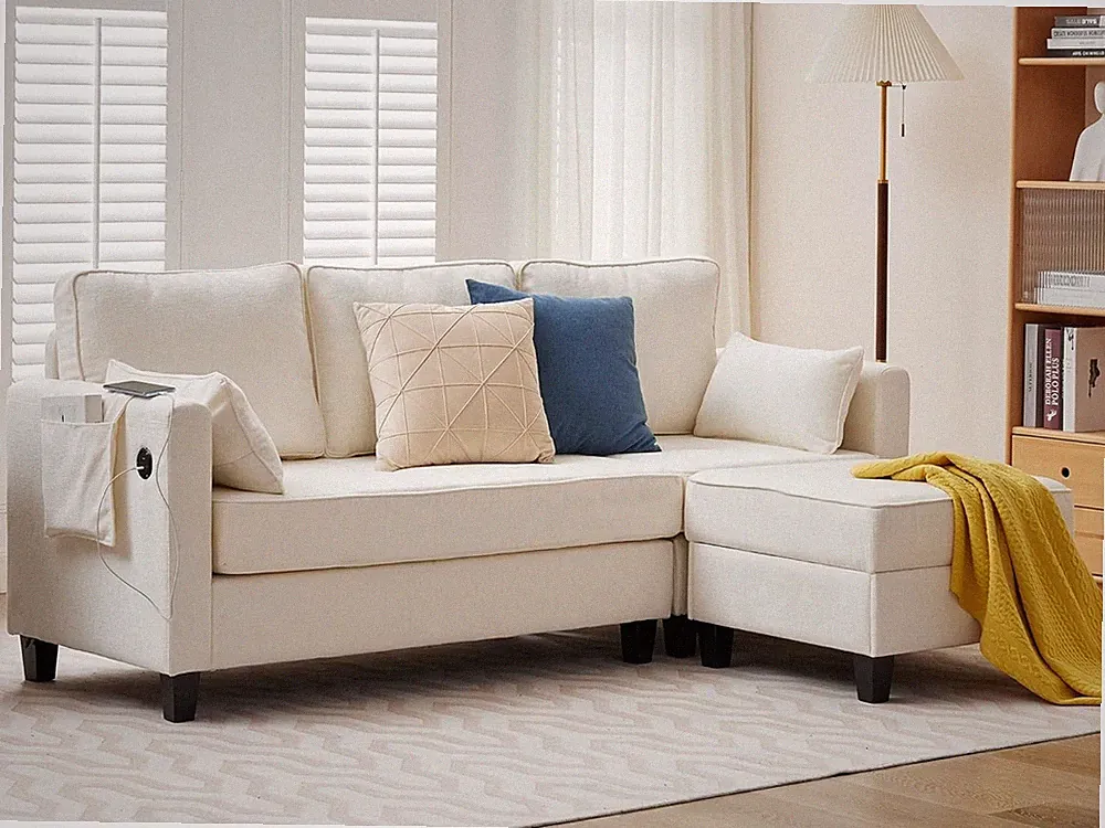 L-Shape Chenille Sectional Sofa with Storage Ottoman,USB and Type-C,Side Pockets