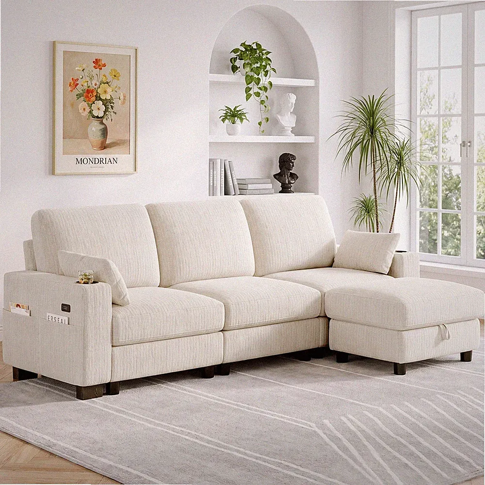 L-Shape Chenille Sectional Sofa with Storage Ottoman,USB and Type-C,Side Pockets