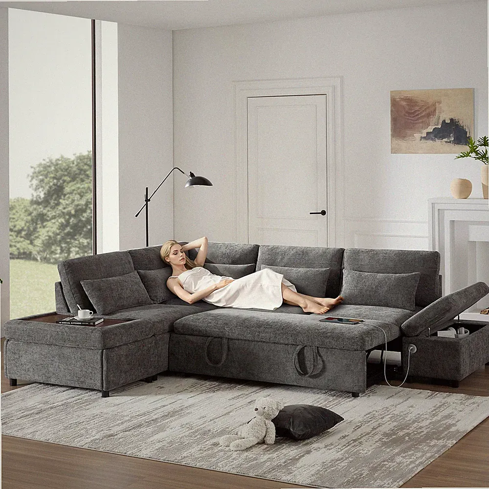 L-Shape Chenille Sectional Sofa with Storage Sleeper Gray 107"