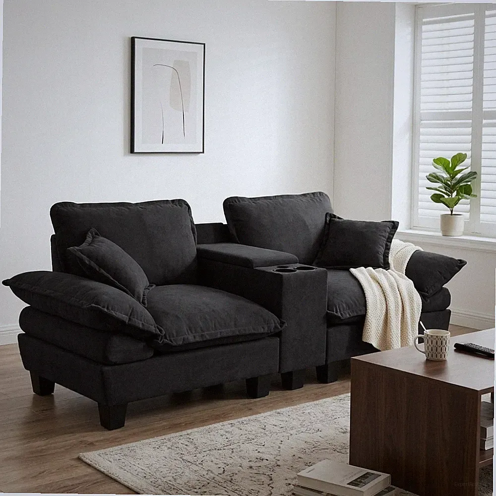 L-Shape Chenille Sectional Sofa with USB Ports, Storage, Cup Holders, Black