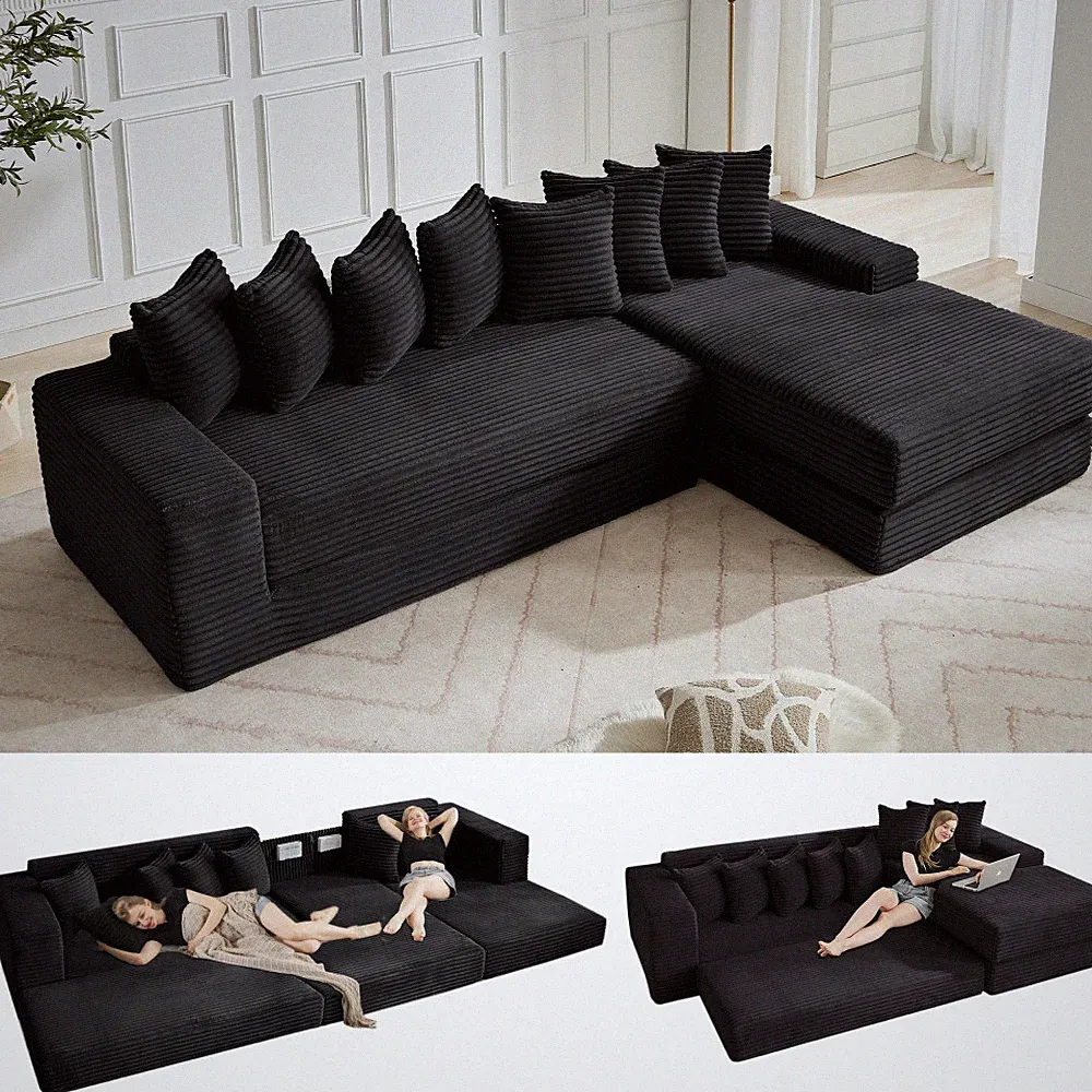 L-Shape Convertible Sofa Bed w/ 8 Pillows, Corduroy, Black, Right Facing