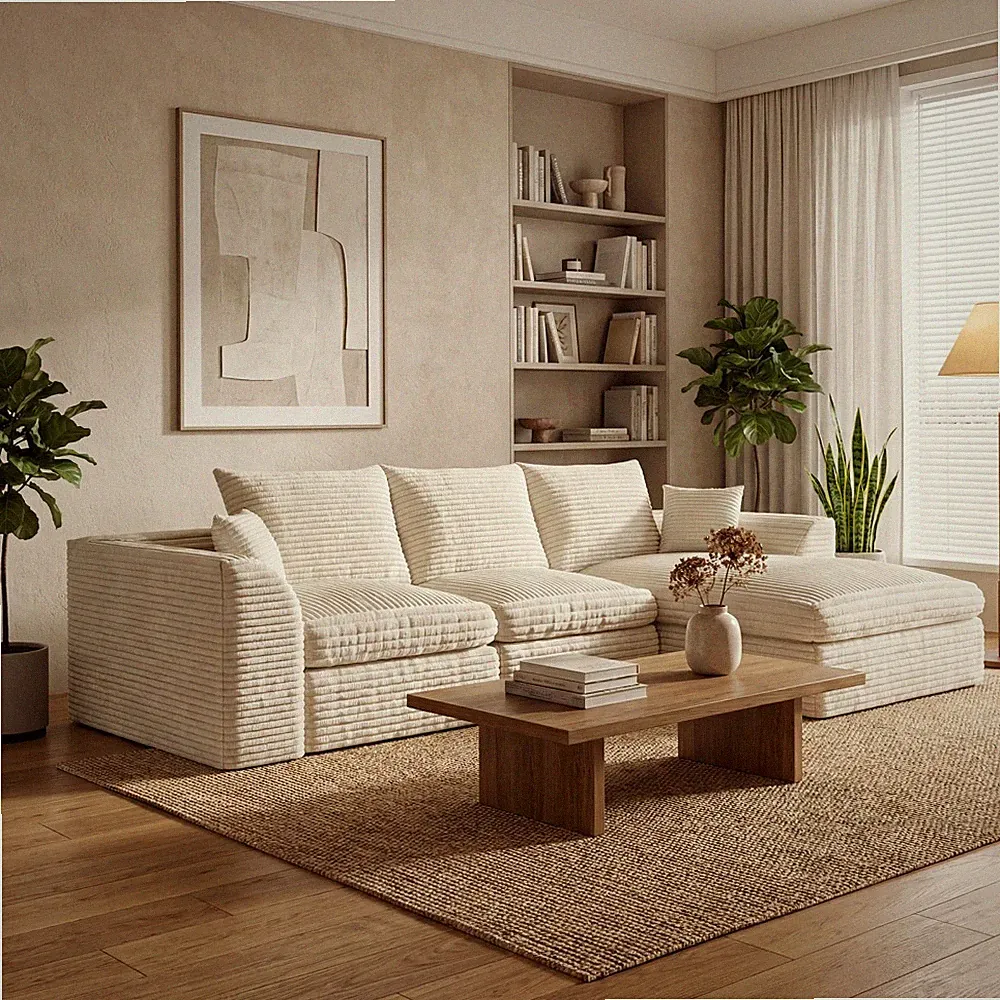 L-Shape Convertible Sofa Bed w/ Reversible Chaise, Memory Foam, Corduroy, Beige