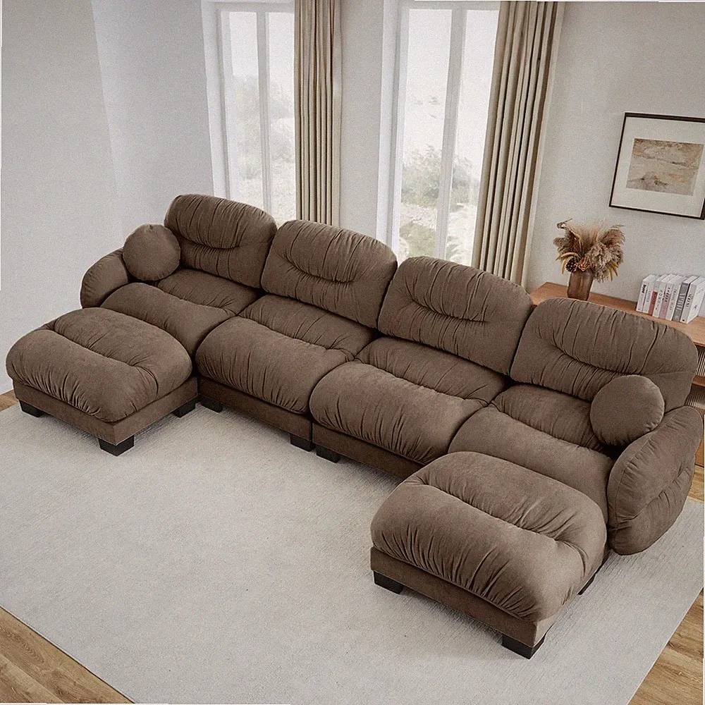 L-Shape Curved Arm Sectional Sofa, Chenille, 4-Seater w/ Ottomans