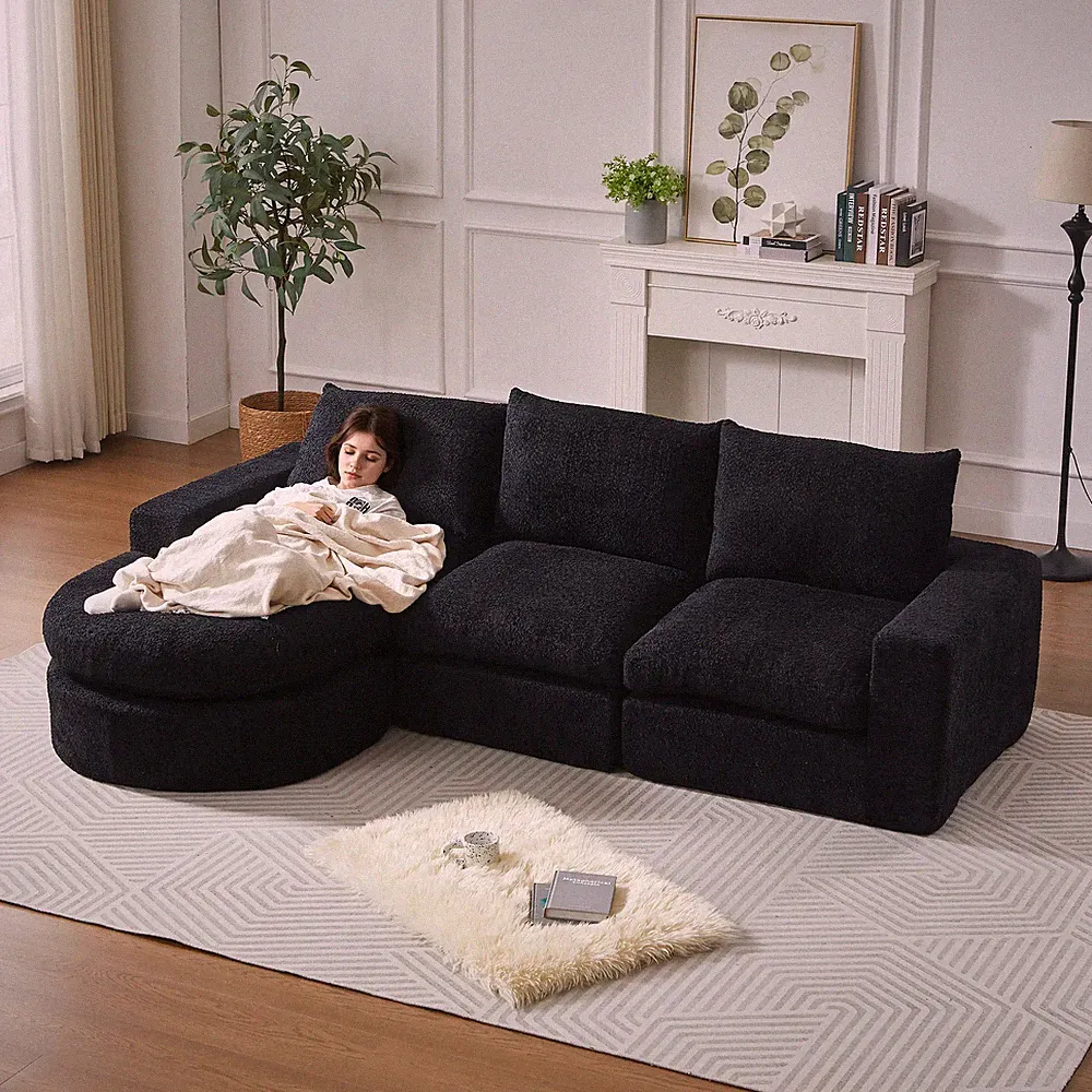 L-Shape Curved Modular Sectional Sofa Chenille Cloud Couch with Neck Pillow