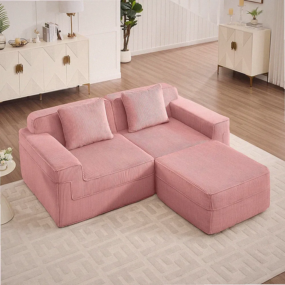 L-Shape Modular 2-Seat Sectional Sofa Cloud Boneless Couch w/ Ottoman