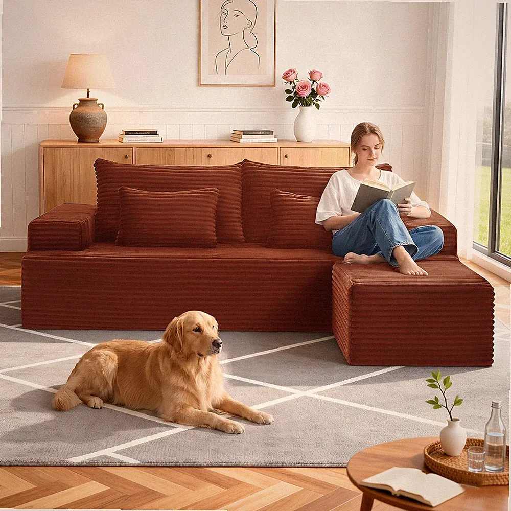 L-Shape Modular Cloud Couch with Movable Ottoman Chaise, Corduroy, No Assembly