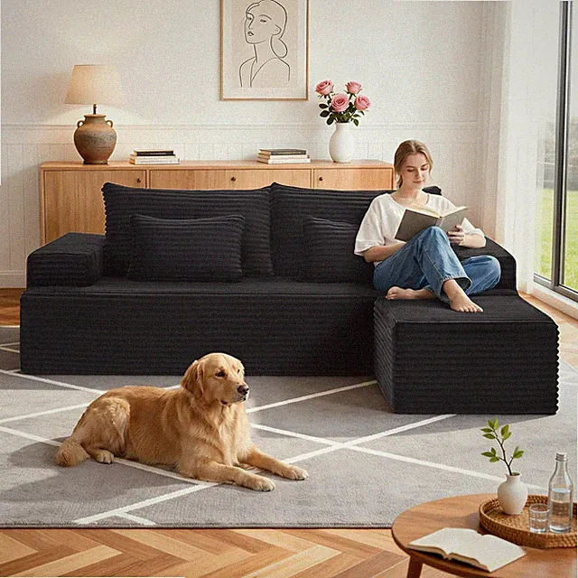 L-Shape Modular Cloud Couch with Movable Ottoman Chaise, Corduroy, No Assembly