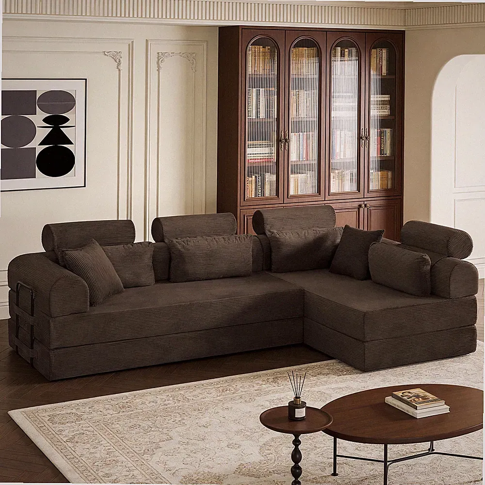 L-Shape Modular Sectional Sofa Bed Corduroy Couch Brown