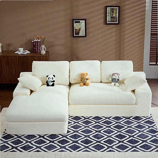 L shape Modular Sectional Sofa,Compressed Corduroy Sofa Couch w/2 Pillows White