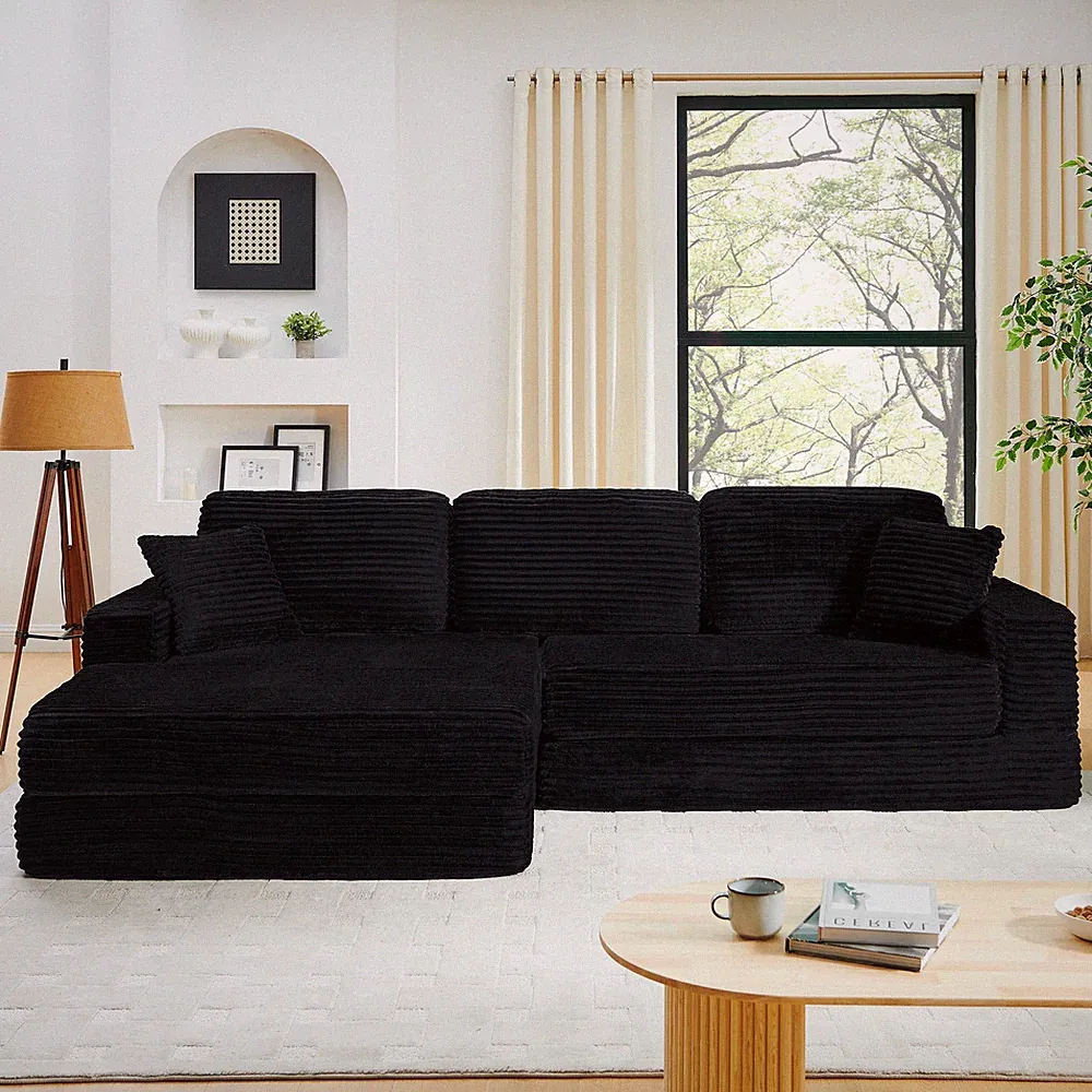 L shape Modular Sectional Sofa,Compressed Corduroy Sofa Couch w/Left Chaise Blac