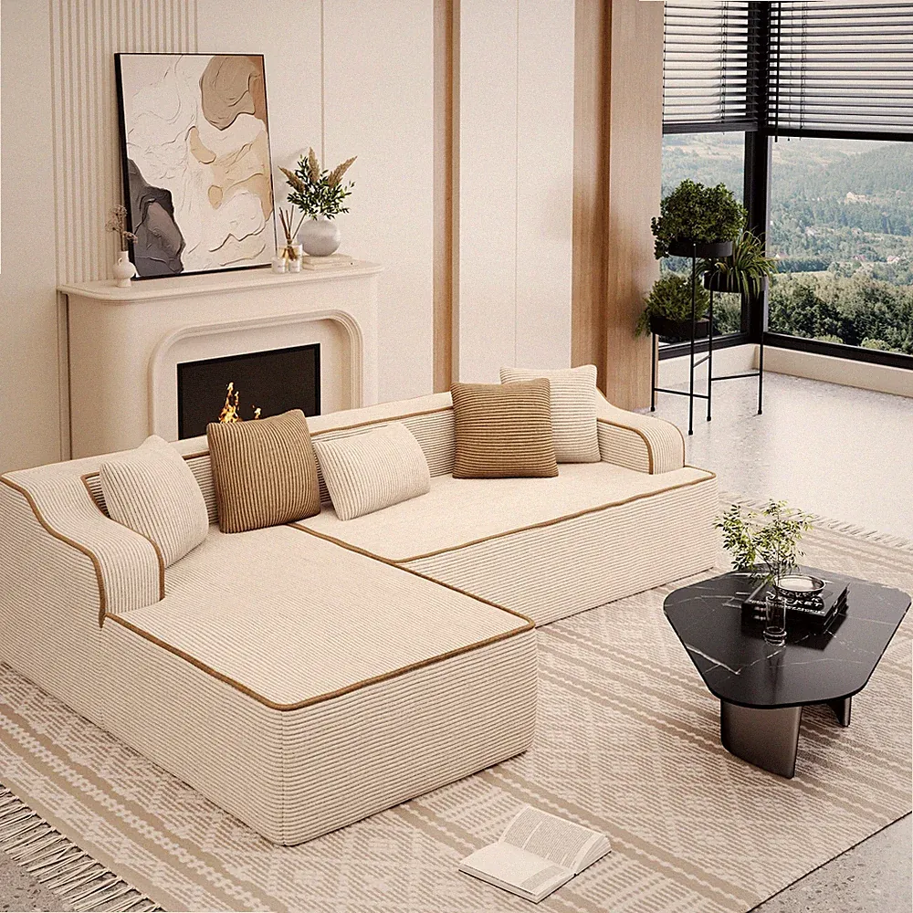 L-shape Modular Sectional Sofa Corduroy Cloud Couch with Chaise Pillow Beige