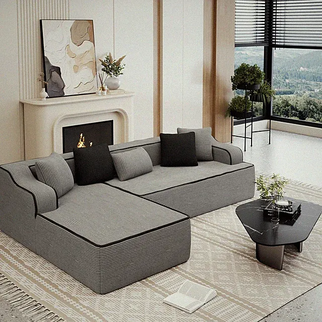 L-shape Modular Sectional Sofa Corduroy Cloud Couch with Chaise Pillow Gray