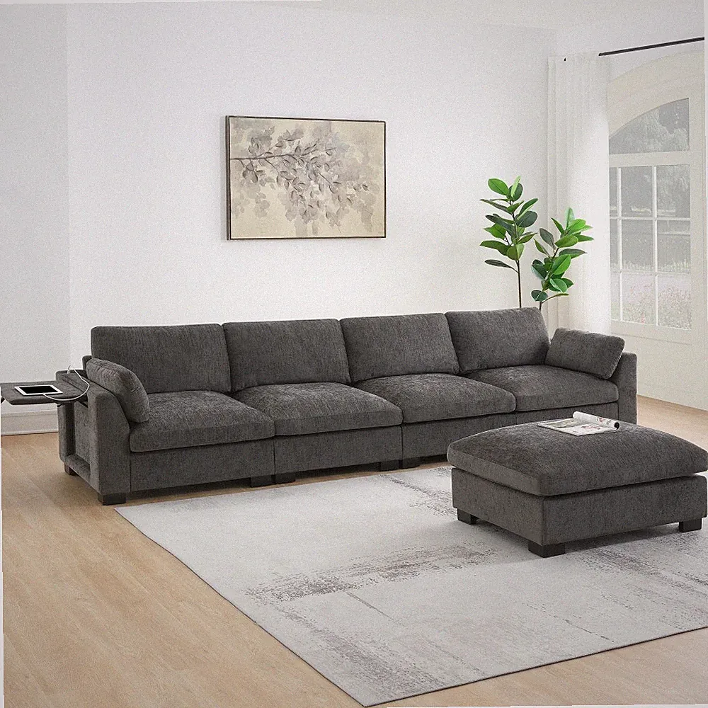 L-Shape Modular Sectional Sofa w/Folding Table, Charging Ports & Ottoman