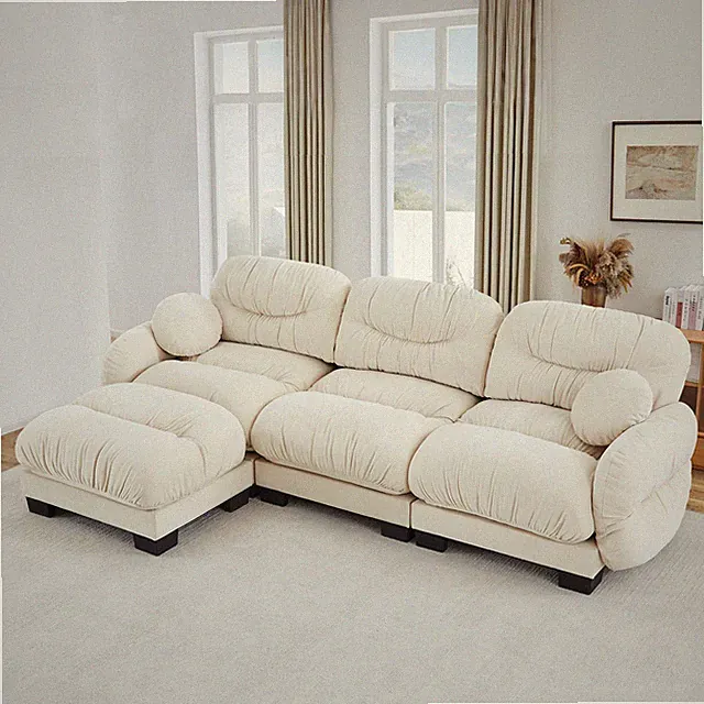L-Shape Modular Sectional Sofa w/ Ottoman, 3-Seater Chenille Couch, Beige