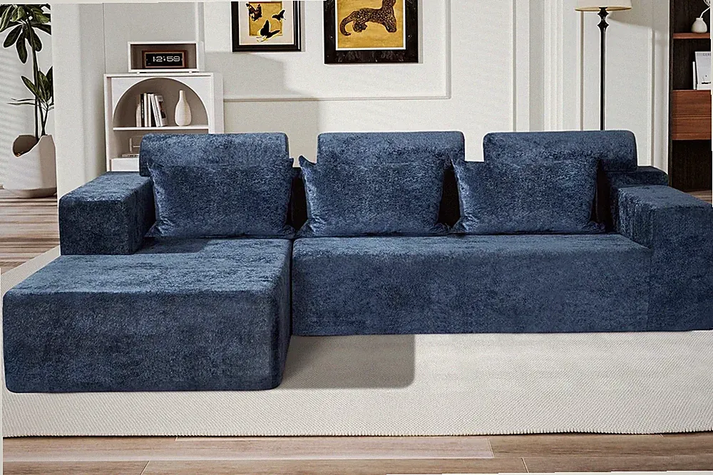 L-Shape Modular Sofa Couch, No Assembly, Deep Seat, Luxury Velvet, Blue
