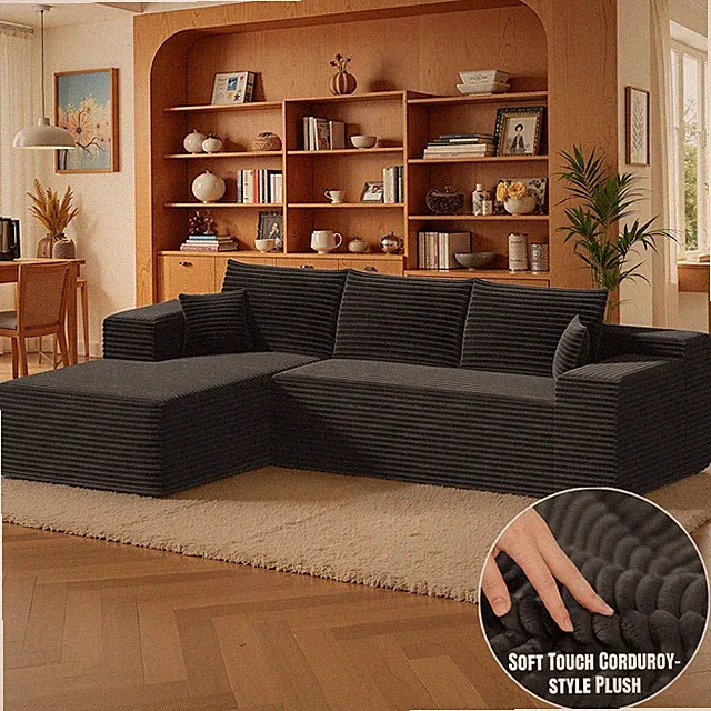 L-Shape Modular Sofa Modern Corduroy-style Plush Sectional Couch 100%Foam Chaise