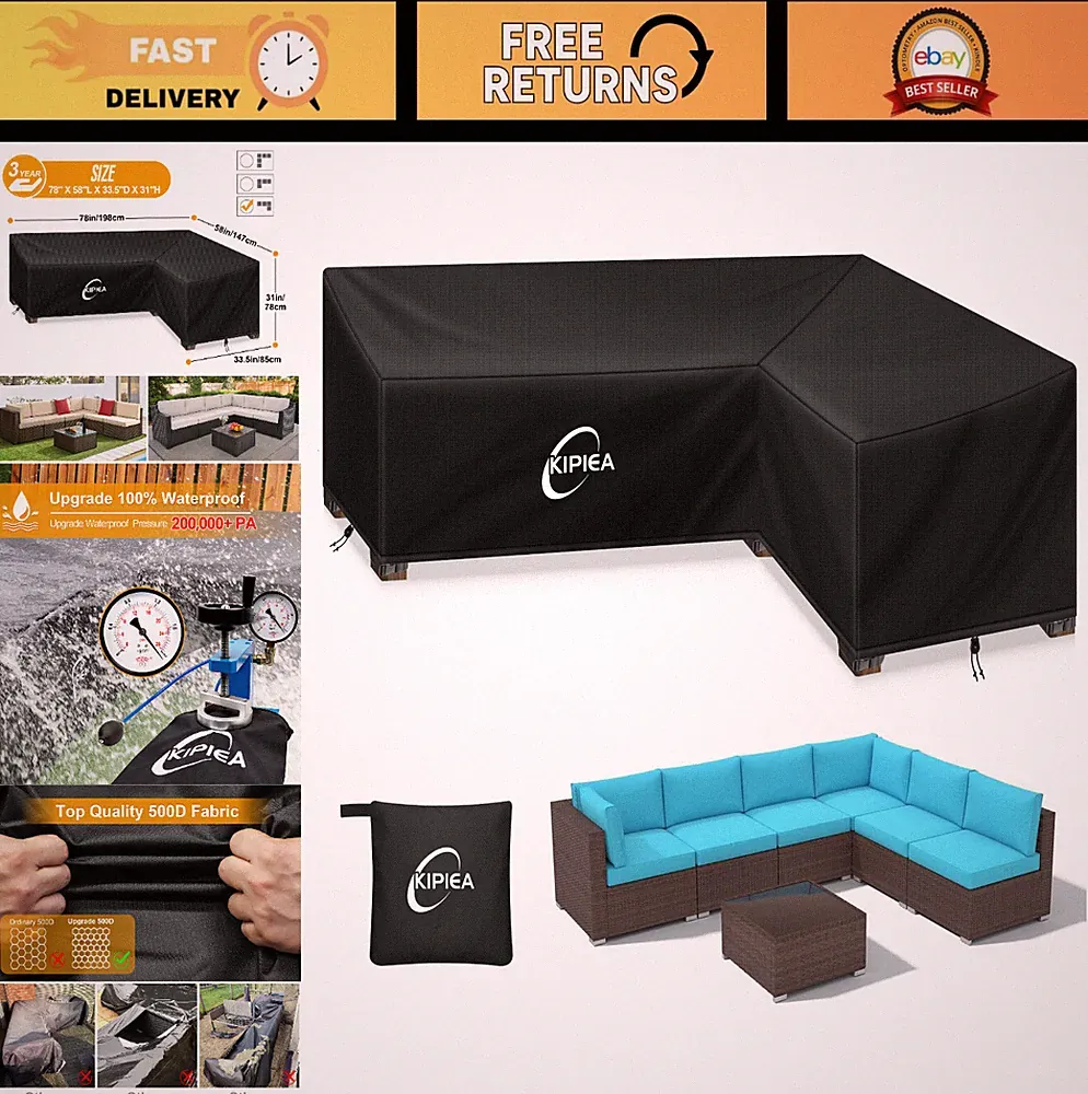 L-Shape Patio Furniture Cover Waterproof 500D Heavy Duty Outdoor Sectional, UV &