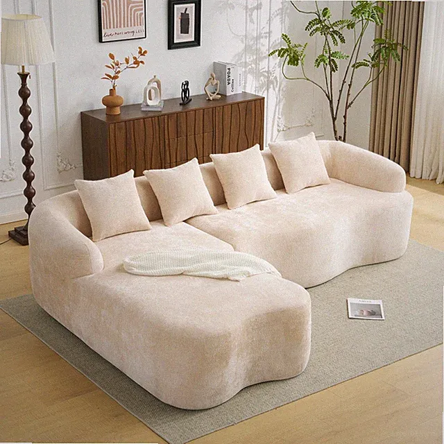 L-shape Sectional Chaise Sofa Couch, Beige Chenille with Pillows for Living Room
