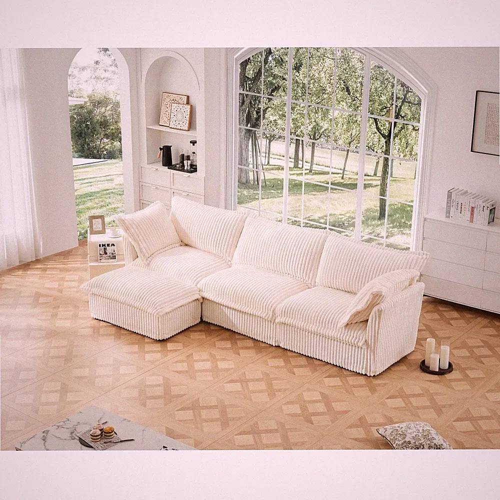 L-Shape Sectional Couch, 3-Seat Cloud Sofa with Ottoman, Cream Corduroy