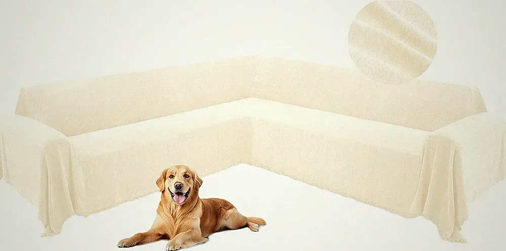 L Shape Sectional Couch Cover Chenille Sofa Protector Non Slip Light Beige
