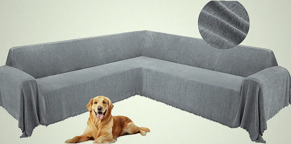 L Shape Sectional Couch Cover for Dogs, Washable Chenille Protector, Dark Grey B