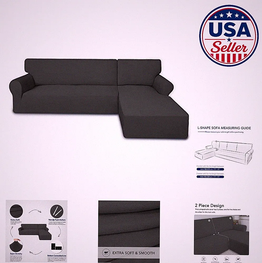L Shape Sectional Couch Covers 2 Piece Spandex Non Slip Elastic Bottom Dark