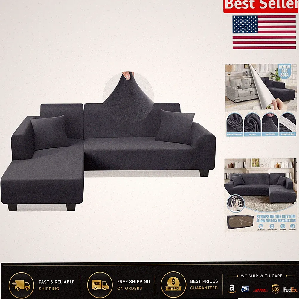 L Shape Sectional Couch Covers for Families - Stylish Dark Grey Sofa Slipcover