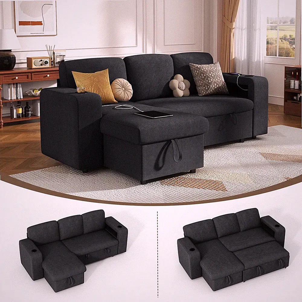L-Shape Sectional Sleeper Sofa Storage Chaise USB Adj Backrest Cashmere Grey