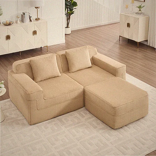 L-Shape Sectional Sofa, 2-Seat Corduroy Couch with Ottoman & Pillows, Camel