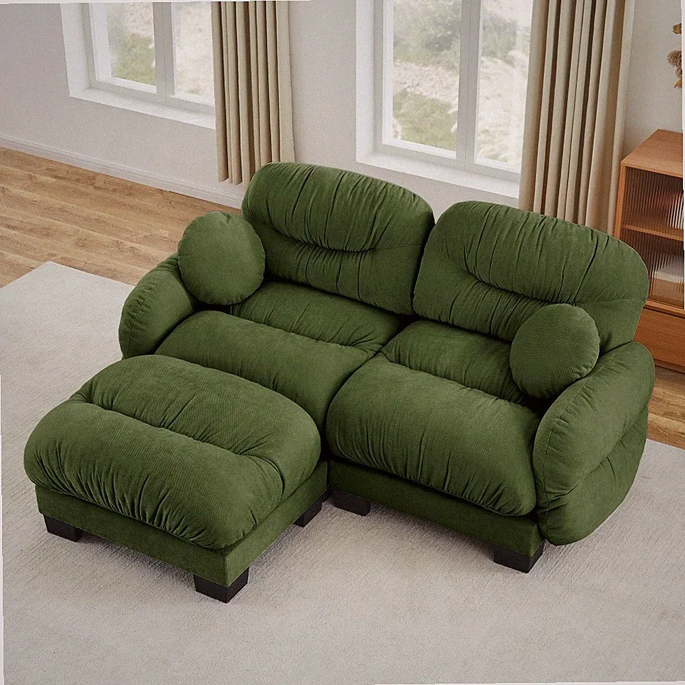 L-Shape Sectional Sofa 2-Seater Modular Sofa Ottoman Chenille Green Curved Arm