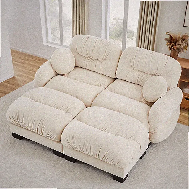 L-Shape Sectional Sofa, 2-Seater w/ Ottoman & Pillows, Beige Chenille Fabric