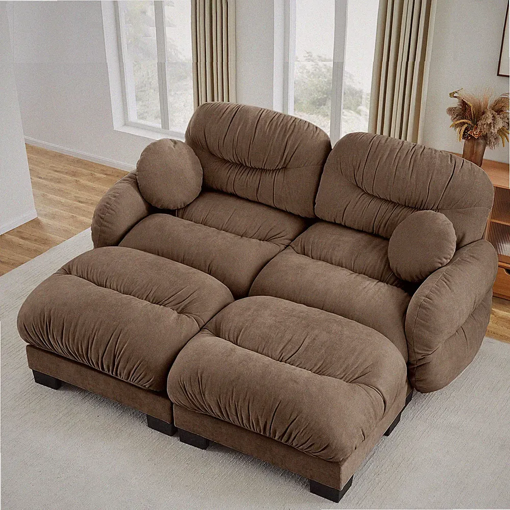 L-Shape Sectional Sofa 2-Seater with Ottomans, Brown Chenille Fabric Couch