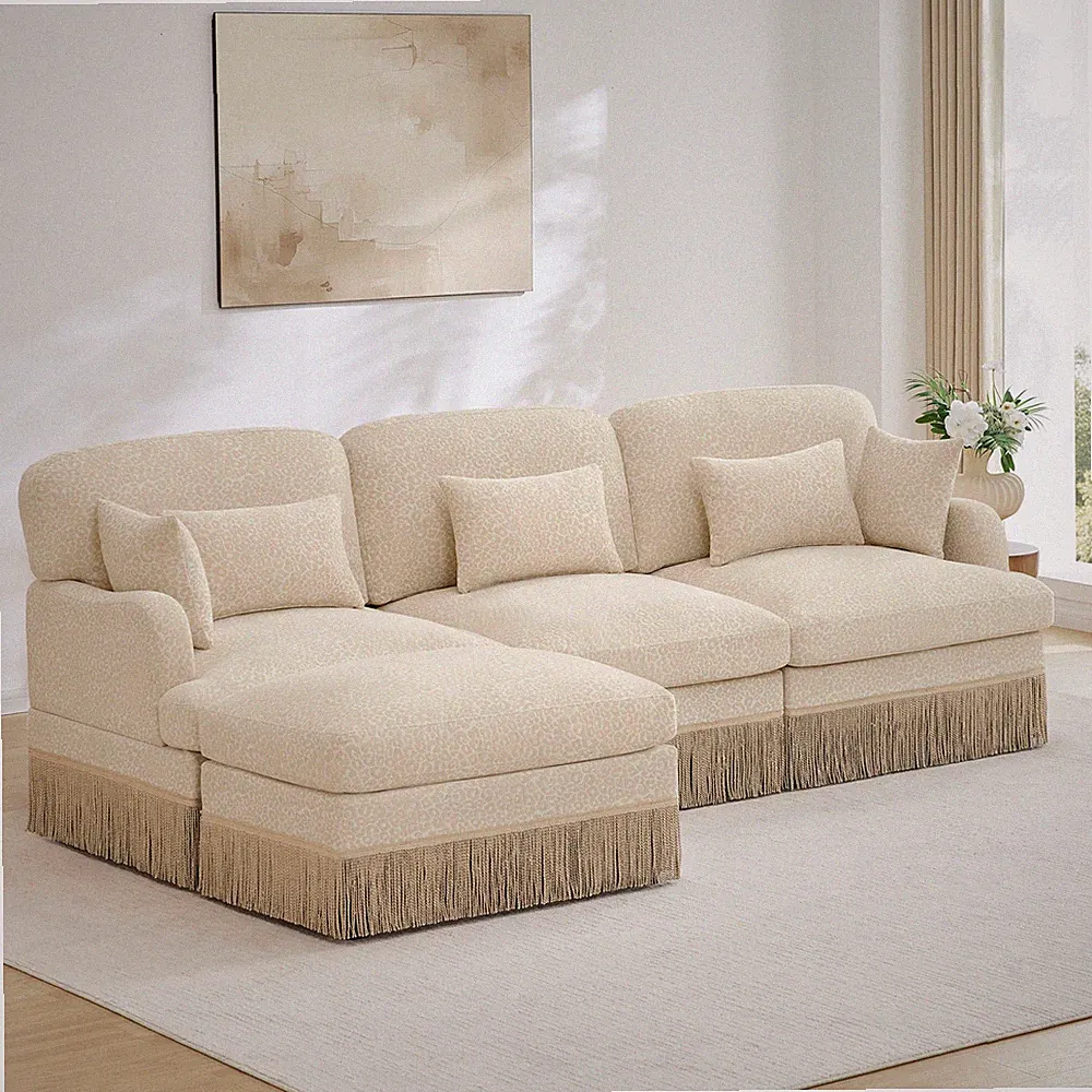 L-Shape Sectional Sofa, 3 Seat Chenille Fabric Leopard Print with Ottoman