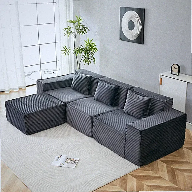 L-Shape Sectional Sofa 3 Seater with Ottoman, Corduroy Fabric, Dark Gray