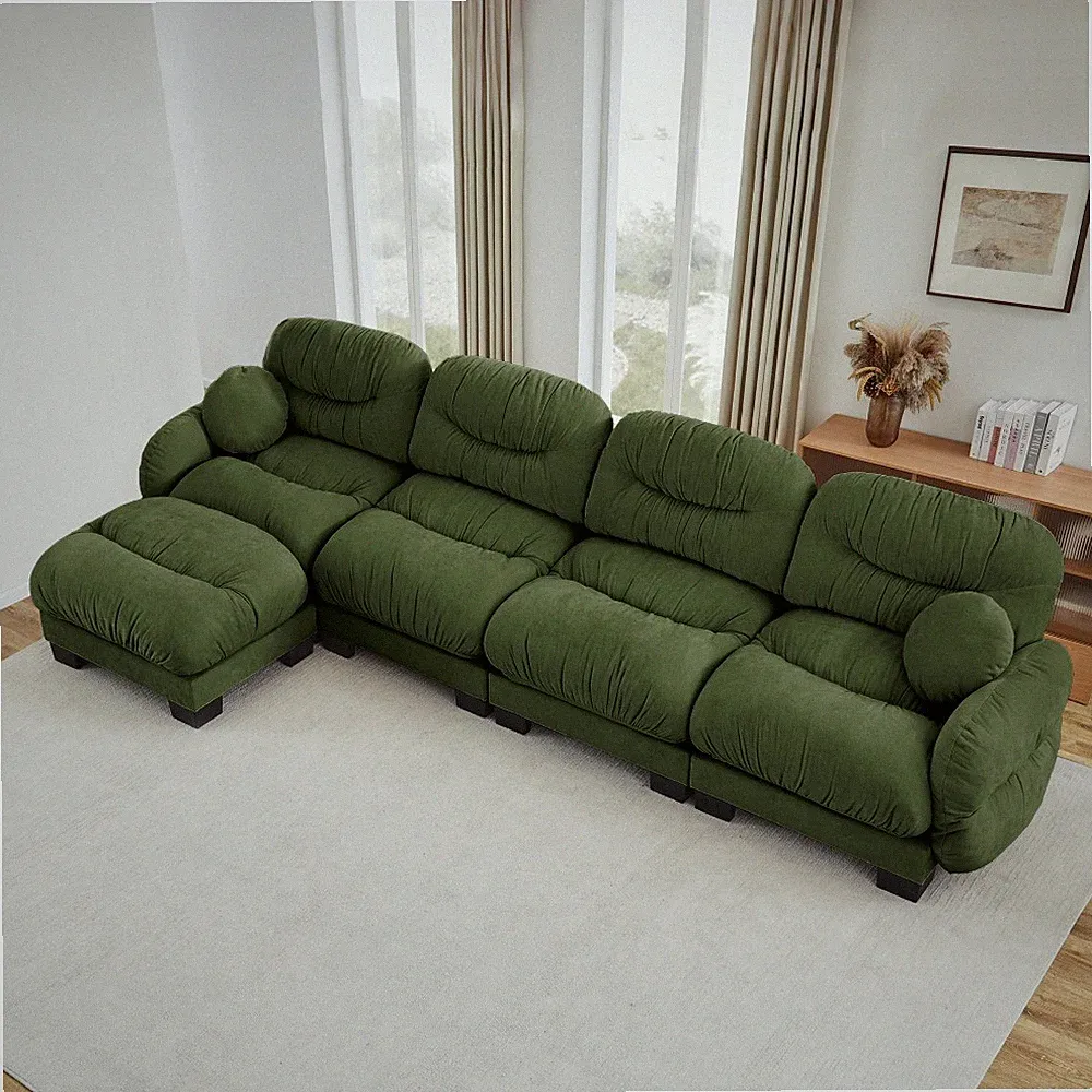 L-Shape Sectional Sofa 4 Seater w/ Ottoman, Green Chenille Fabric Modular Couch