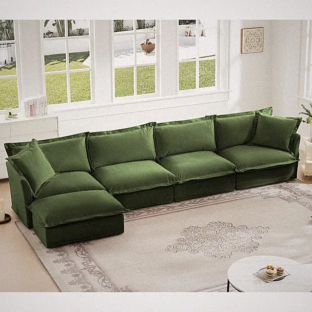 L-Shape Sectional Sofa 4-Seater with Pillows, Deep Seat Chenille Green