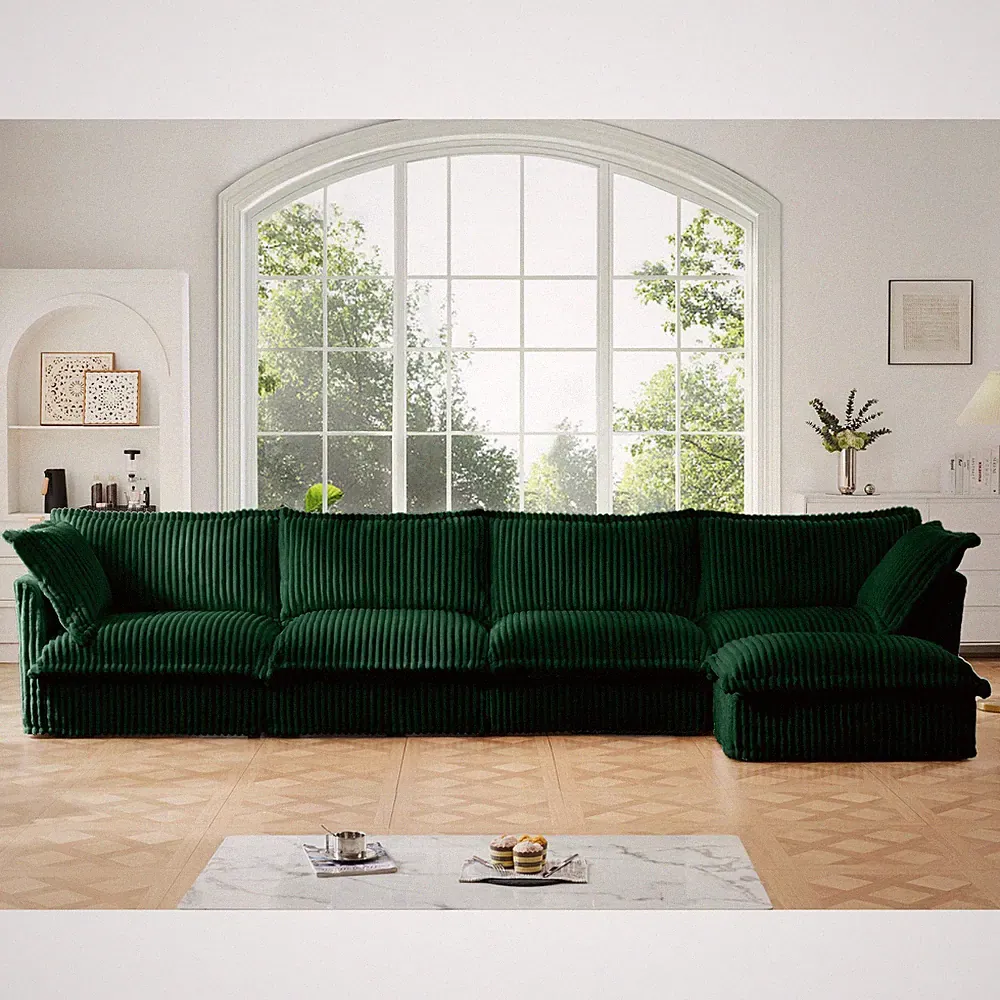 L-Shape Sectional Sofa 4-Seater with Pillows, Green Corduroy Fabric