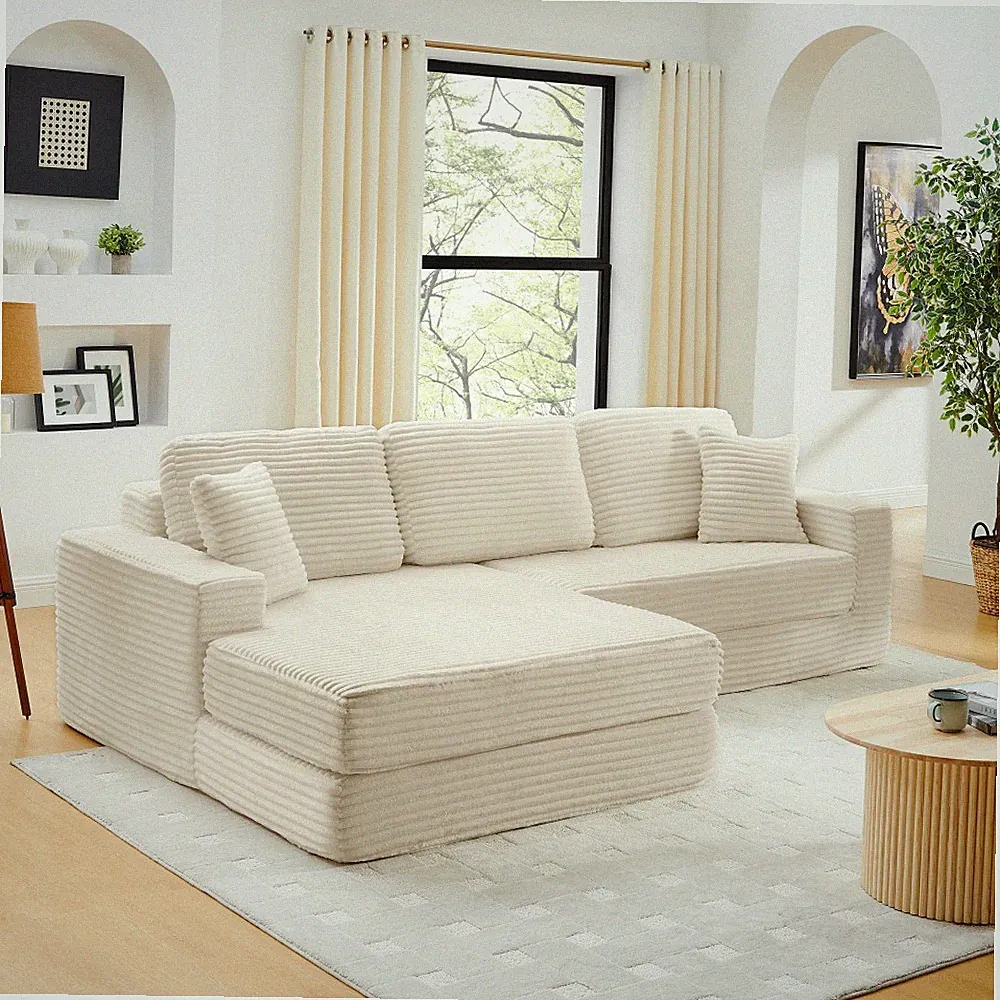 L-Shape Sectional Sofa Bed, Modular Sleeper Couch, Modern Minimalist, Beige