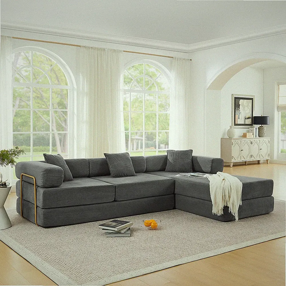 L-Shape Sectional Sofa Bed w/ Chaise - Cloud Couch Corduroy Fabric