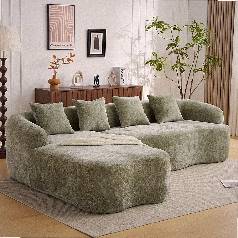 L-Shape Sectional Sofa Chaise Green Chenille for Living Room House Apartment