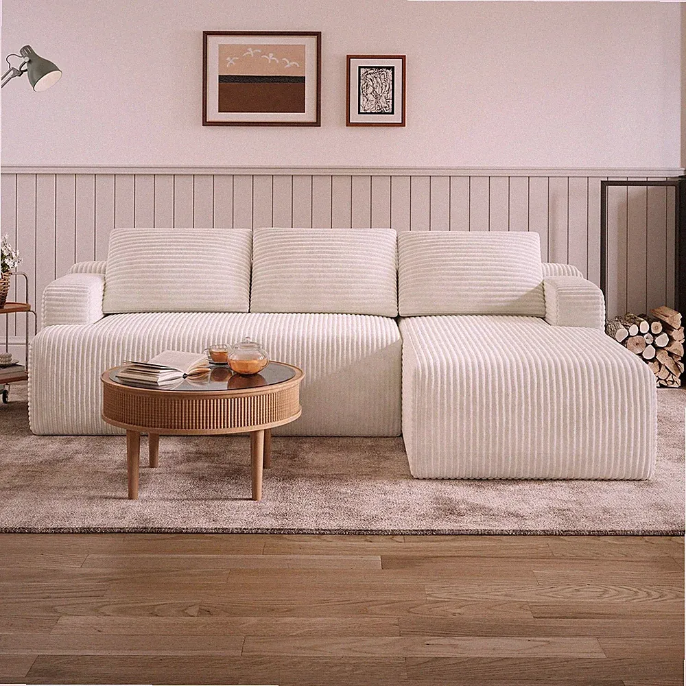 L Shape Sectional Sofa Corduroy Beige Boneless Couch Novilla B-F65006-L-OW Room
