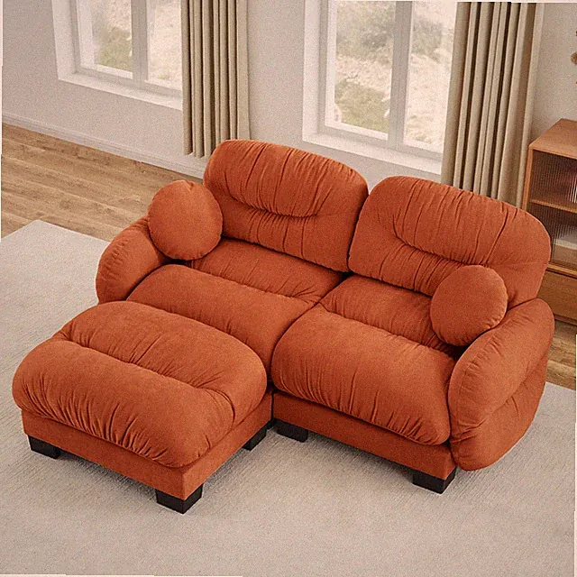 L Shape Sectional Sofa Curved Round Armrests Chenille Pleated Back