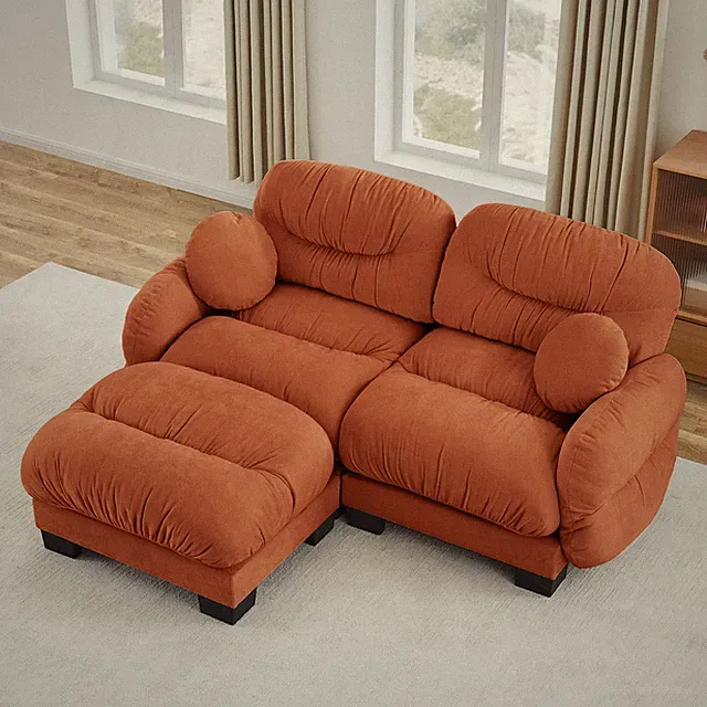 L-Shape Sectional Sofa Modular 2 Seater Couch w/ Ottoman & Pillows Orange
