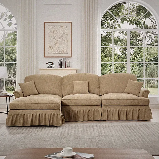 L-Shape Sectional Sofa Removable Ruffles Ottoman Light Coffee 3 Seater