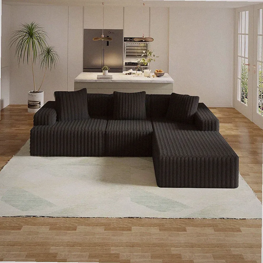 L-Shape Sectional Sofa w/ Chaise, 3-Seat Modular Sleeper Couch, Corduroy, Black